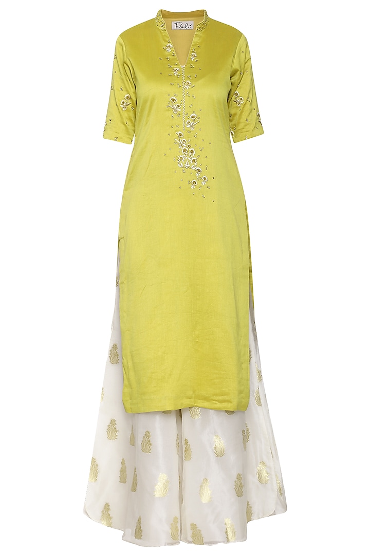 Lime Green Solid Dyed Embroidered Kurta Set by POULI