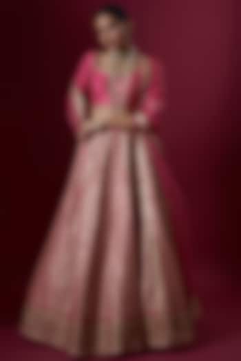 Pink Raw Silk Embroidered Bridal Lehenga Set by Pooja & Keyur at Pernia's Pop Up Shop