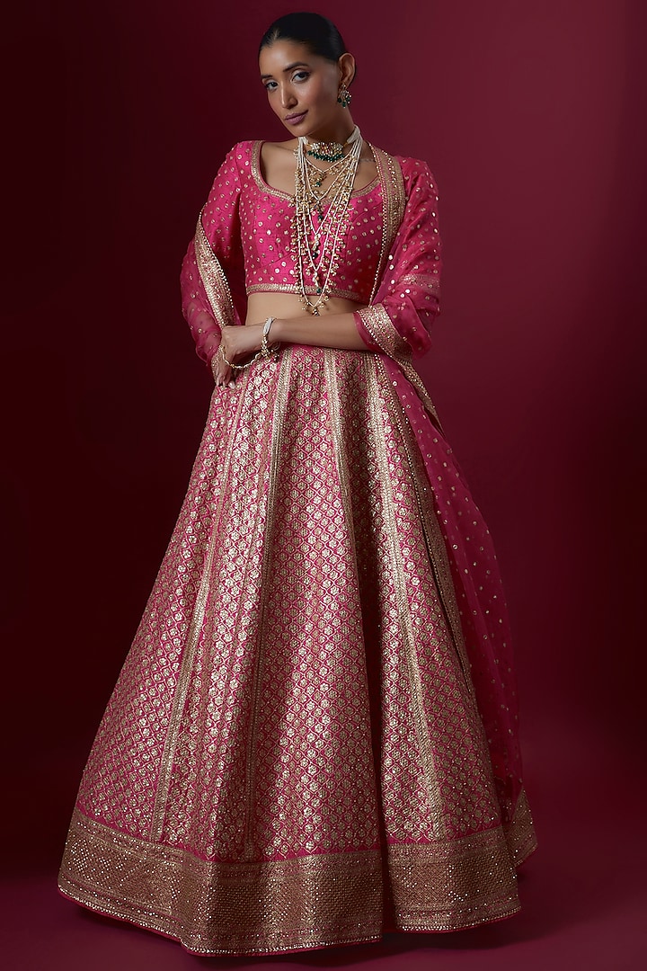 Pink Raw Silk Embroidered Bridal Lehenga Set by Pooja & Keyur at Pernia's Pop Up Shop