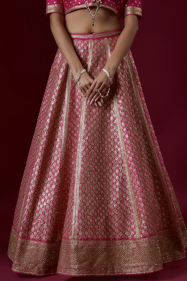 Pink Raw Silk Embroidered Bridal Lehenga Set by Pooja & Keyur at Pernia's Pop Up Shop