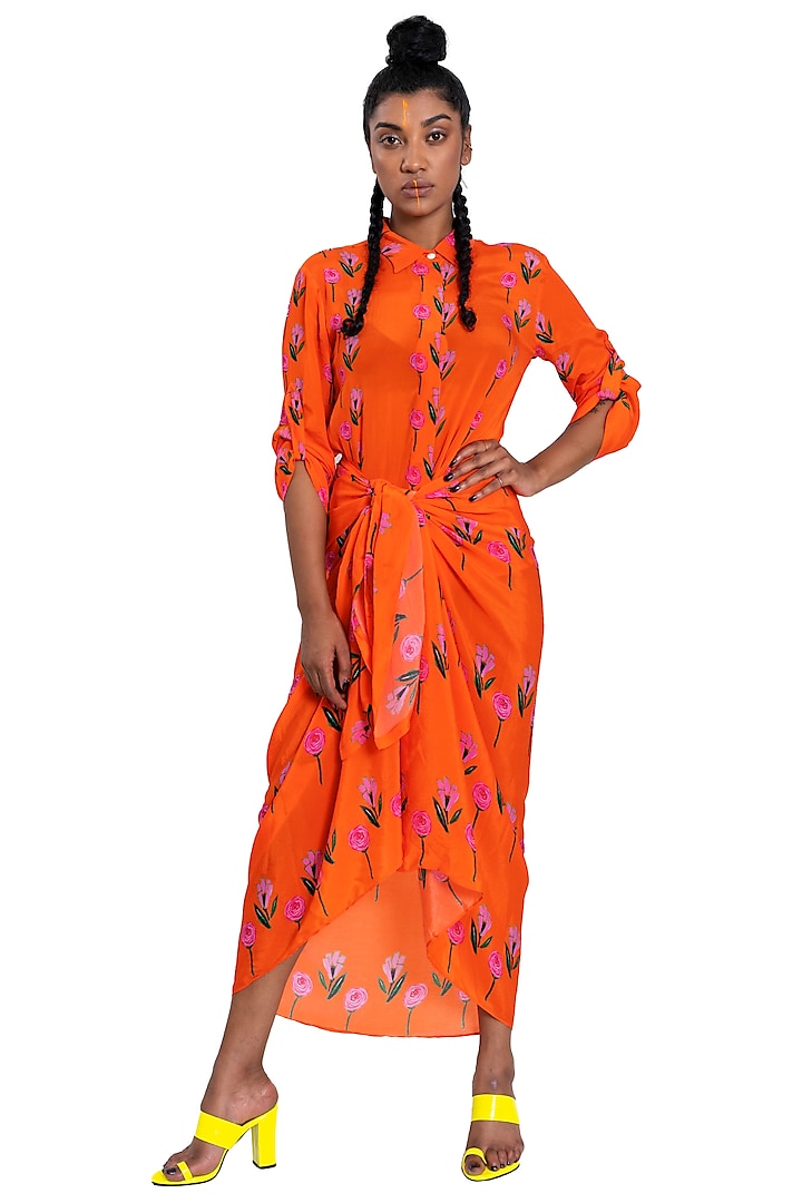 Orange Floral Printed Shirt by Pooja Bagaria