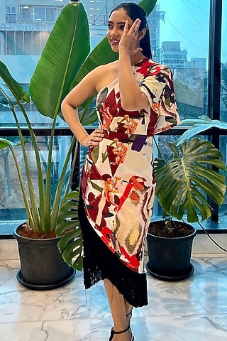 Multi-Colored Abstract Print Midi Dress by IKI CHIC