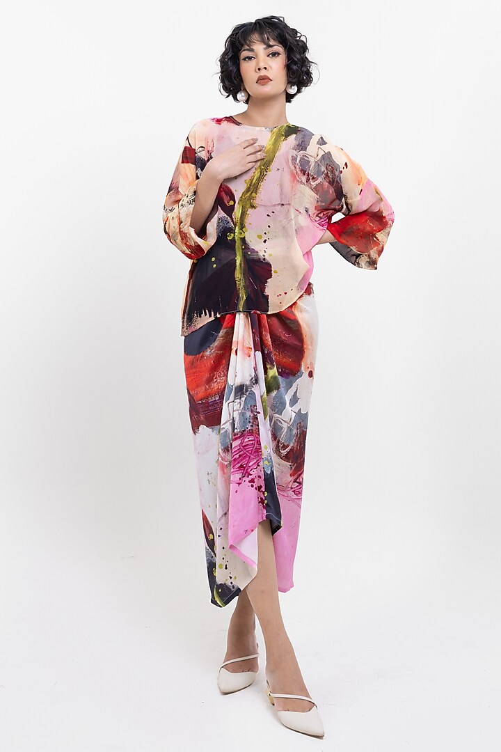 Red Vegan Silk Abstract Printed Sheer Top by POP SUGAR at Pernia's Pop Up Shop