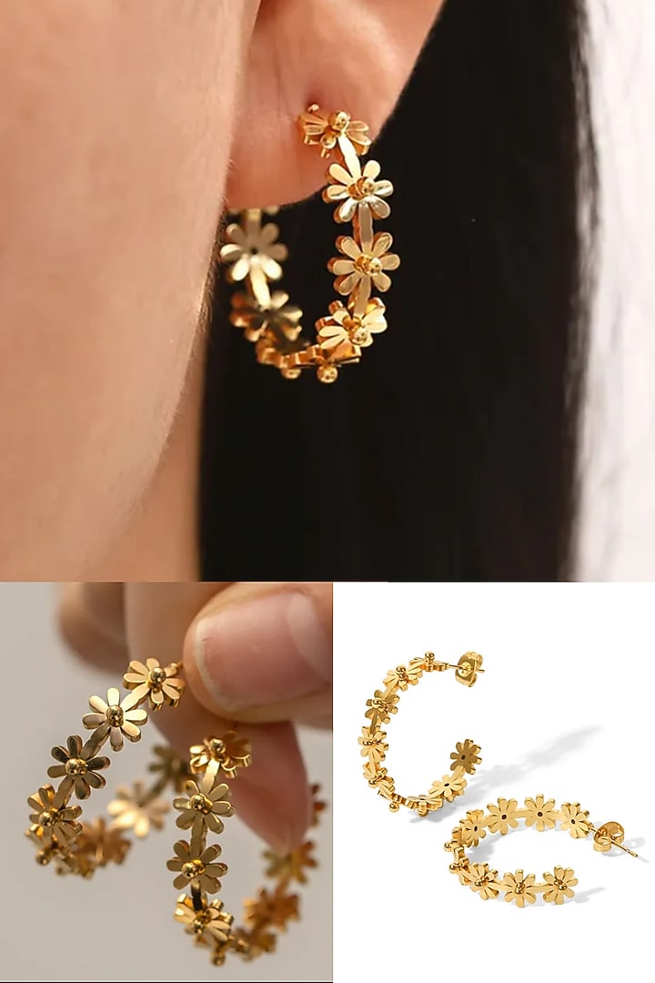 Gold Plated Floral Hoop Earrings by Peachy Accessories at Pernia's Pop Up Shop