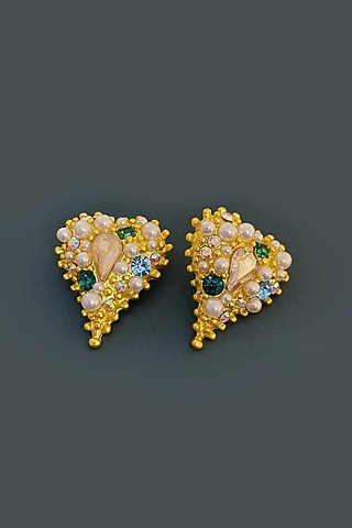 Gold Plated Pearl Heart Stud Earrings by Peachy Accessories