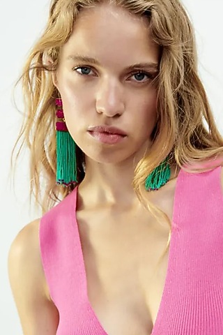 Gold Plated Green & Pink Beaded Dangler Earrings by Peachy Accessories
