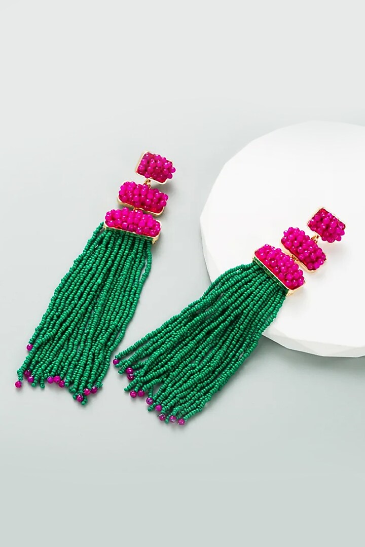 Gold Plated Green & Pink Beaded Dangler Earrings by Peachy Accessories at Pernia's Pop Up Shop