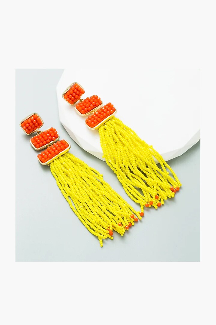 Gold Plated Orange & Yellow Beaded Dangler Earrings by Peachy Accessories at Pernia's Pop Up Shop