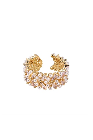 Gold Plated Pearl & Zircon Ring by Peachy Accessories