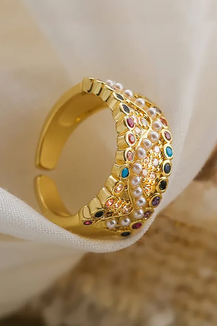 Gold Plated Pearl & Multi-Colored Zircon Ring by Peachy Accessories at Pernia's Pop Up Shop