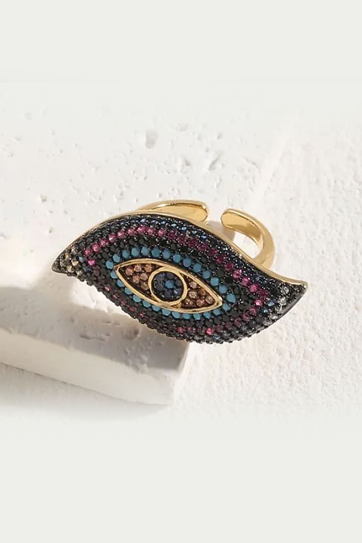 Gold Plated Black Zircon Evil-Eye Ring by Peachy Accessories at Pernia's Pop Up Shop