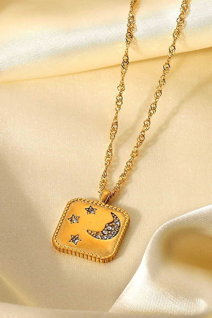 Gold Plated Diamond Moon & Star Square Pendant Necklace by Peachy Accessories at Pernia's Pop Up Shop