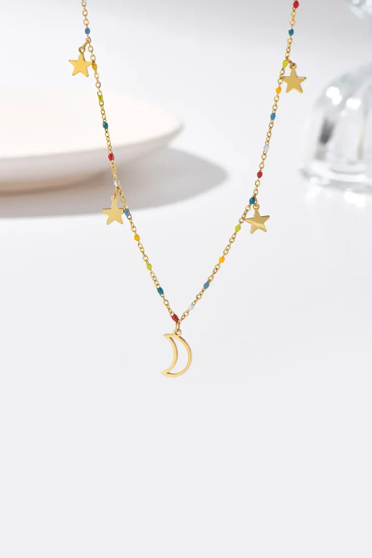 Gold Plated Multi-Colored Beaded Star Moon Necklace by Peachy Accessories at Pernia's Pop Up Shop