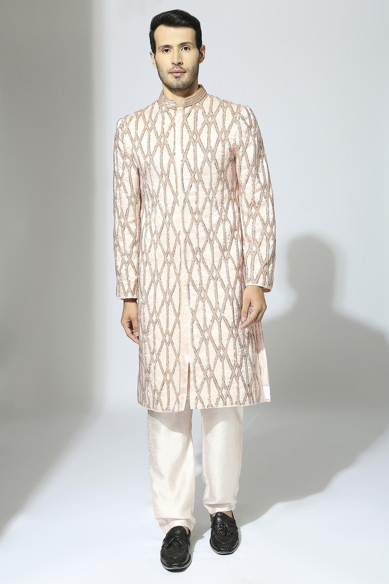 Rose Pink Mashru Embroidered Wedding Sherwani Set by MASUMI MEWAWALLA MEN at Pernia's Pop Up Shop