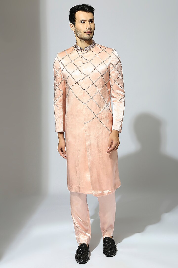 Rose Pink Mashru Embroidered Wedding Sherwani Set by MASUMI MEWAWALLA MEN at Pernia's Pop Up Shop