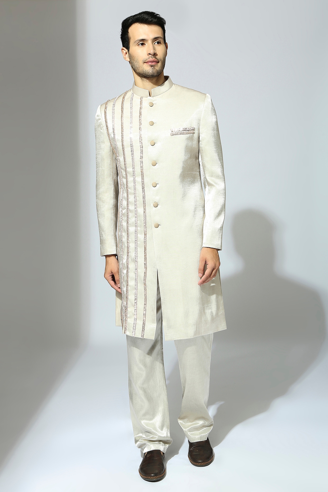 MASUMI MEWAWALLA Silver Mashru Embroidered Sherwani Set