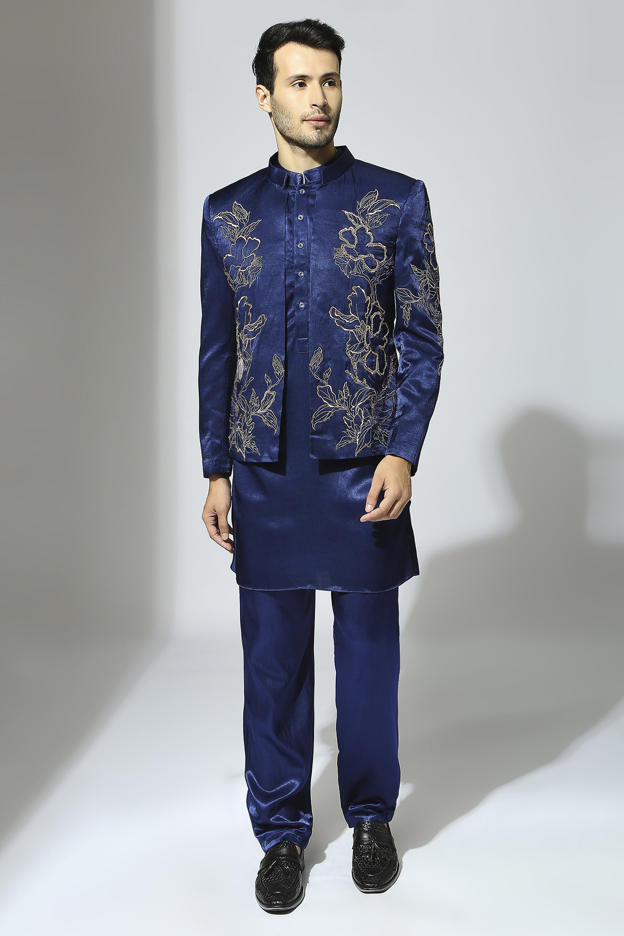 Navy Blue Mashru Embroidered Bandhgala Jacket Set by MASUMI MEWAWALLA MEN