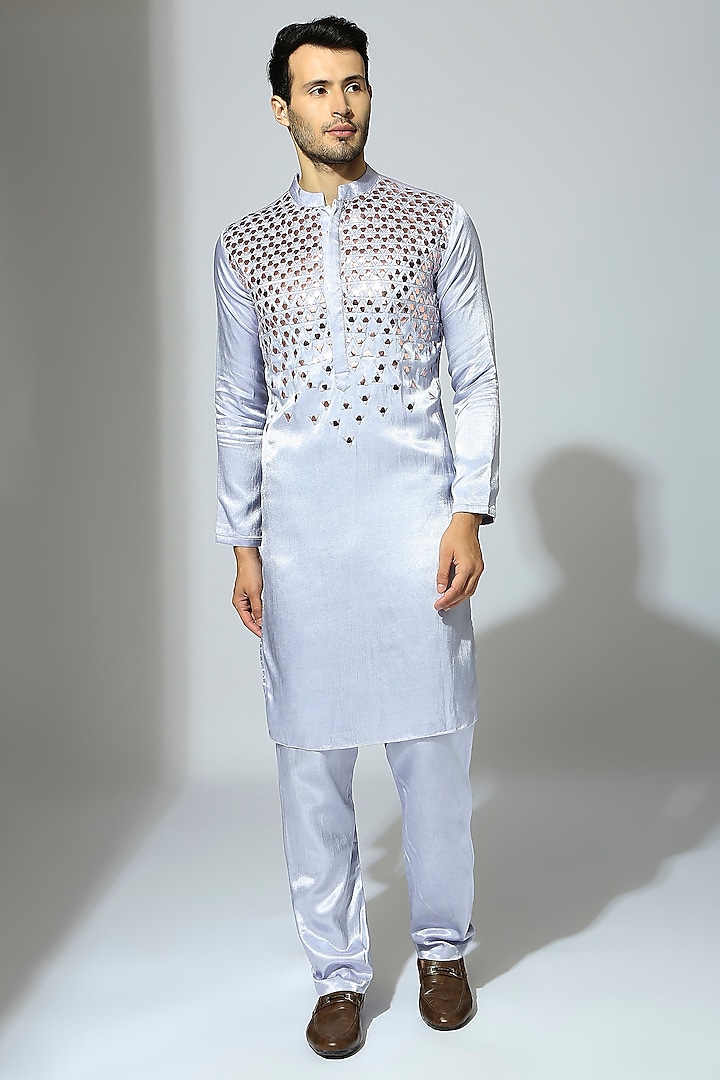 Ice Blue Mashru Embroidered Kurta Set by MASUMI MEWAWALLA MEN at Pernia's Pop Up Shop