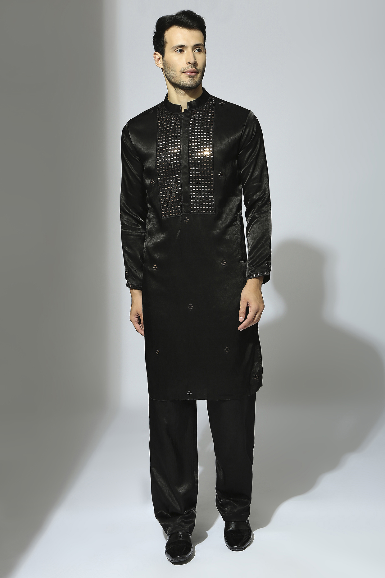 Black Mashru Embroidered Kurta Set by MASUMI MEWAWALLA MEN at Pernia's Pop Up Shop