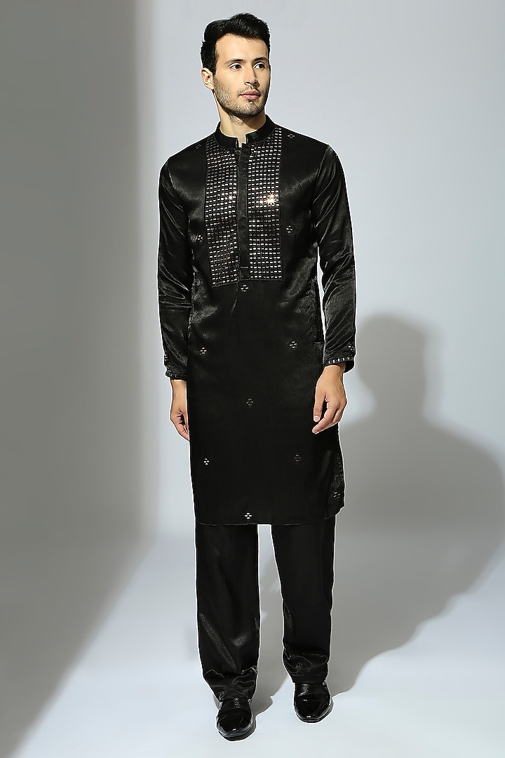 Black Mashru Embroidered Kurta Set by MASUMI MEWAWALLA MEN at Pernia's Pop Up Shop
