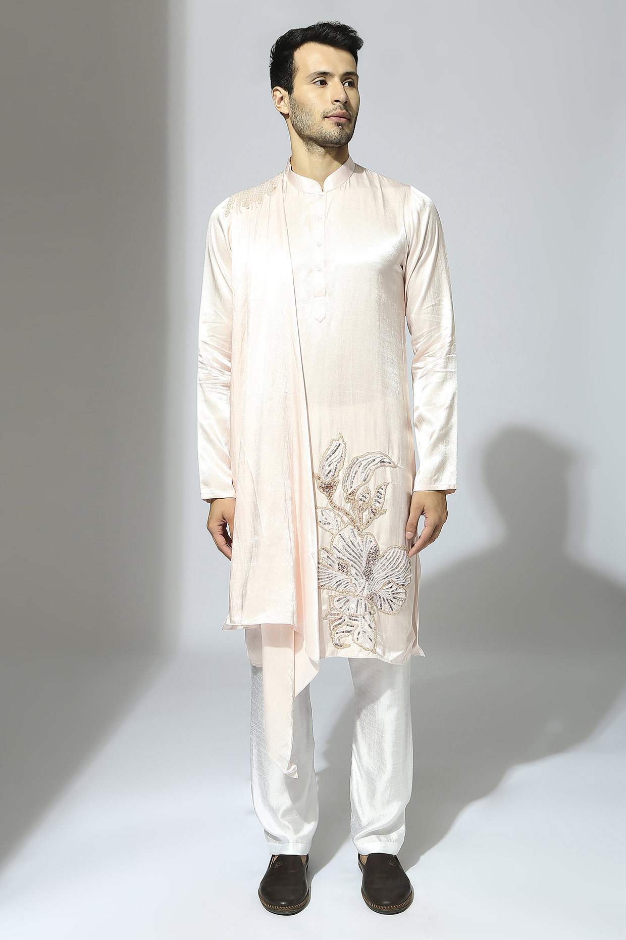 Baby Pink Mashru Embroidered Kurta Set by MASUMI MEWAWALLA MEN at Pernia's Pop Up Shop