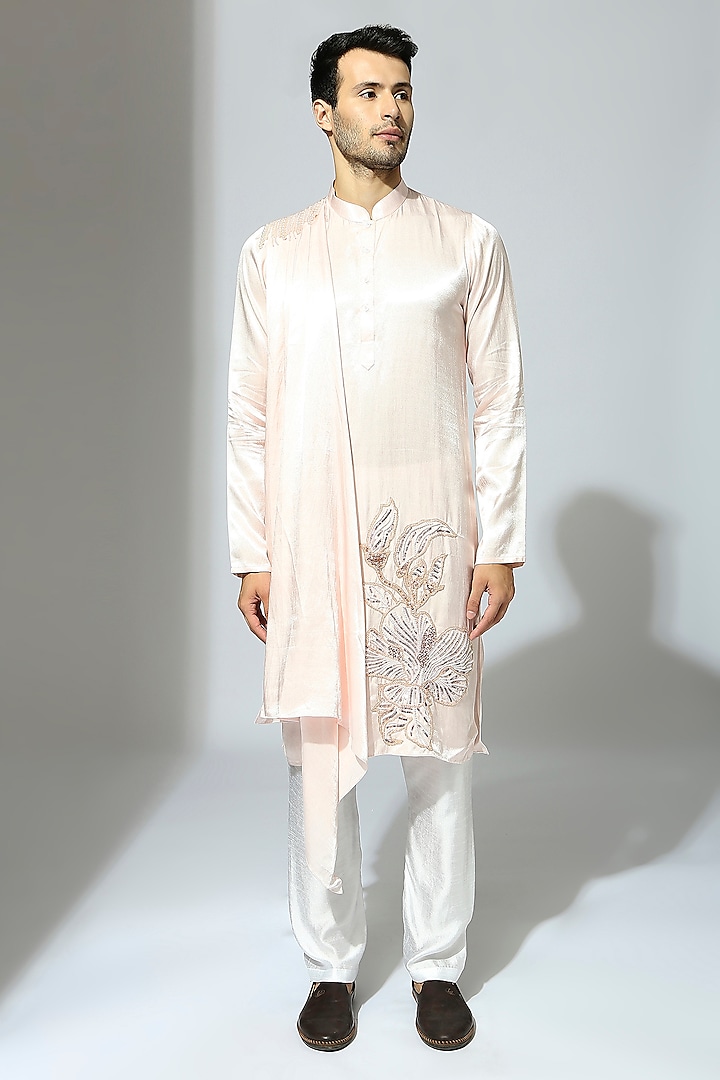 Baby Pink Mashru Embroidered Kurta Set by MASUMI MEWAWALLA MEN at Pernia's Pop Up Shop
