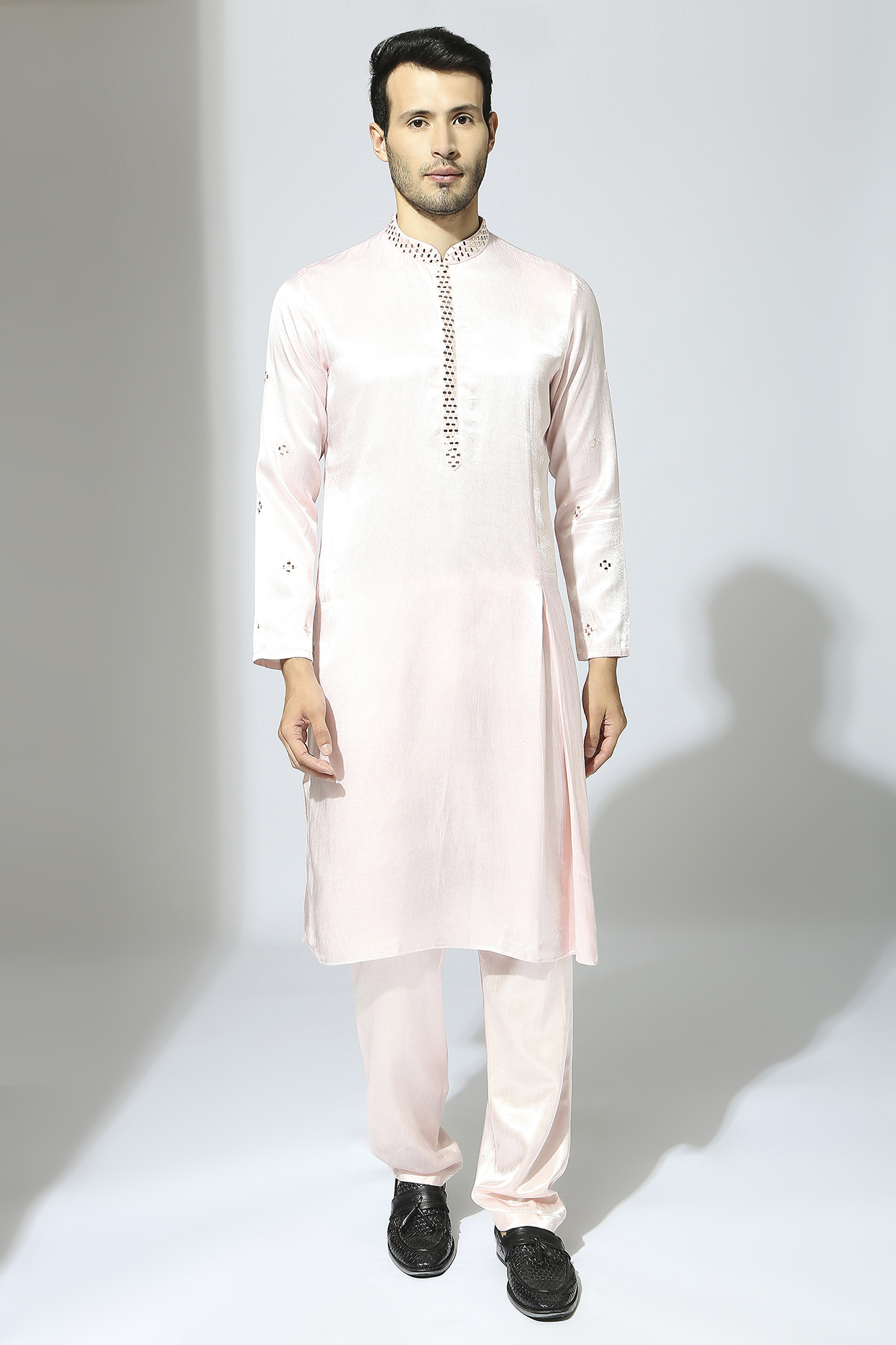 Baby Pink Mashru Embroidered Kurta Set by MASUMI MEWAWALLA MEN at Pernia's Pop Up Shop