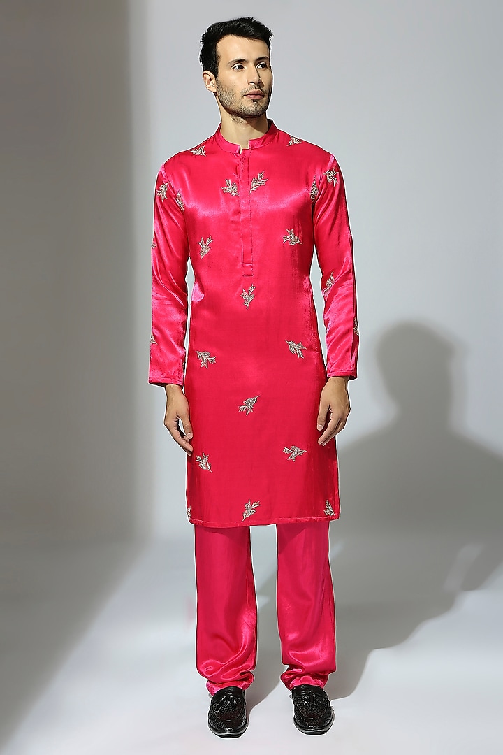 Hot Pink Mashru Embroidered Kurta Set by MASUMI MEWAWALLA MEN