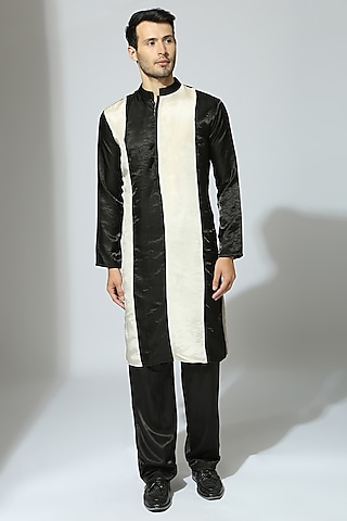 Black & Beige Tissue Color Blocked Kurta Set by MASUMI MEWAWALLA MEN
