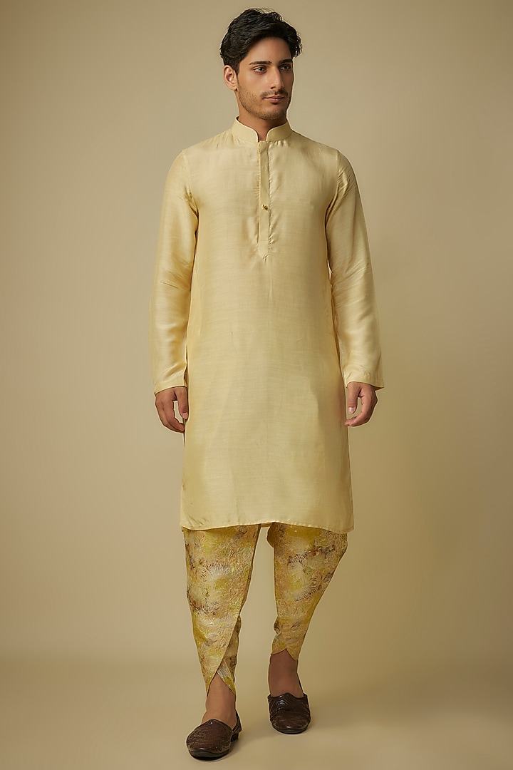 Yellow Satin Silk Kurta Set by MASUMI MEWAWALLA MEN at Pernia's Pop Up Shop