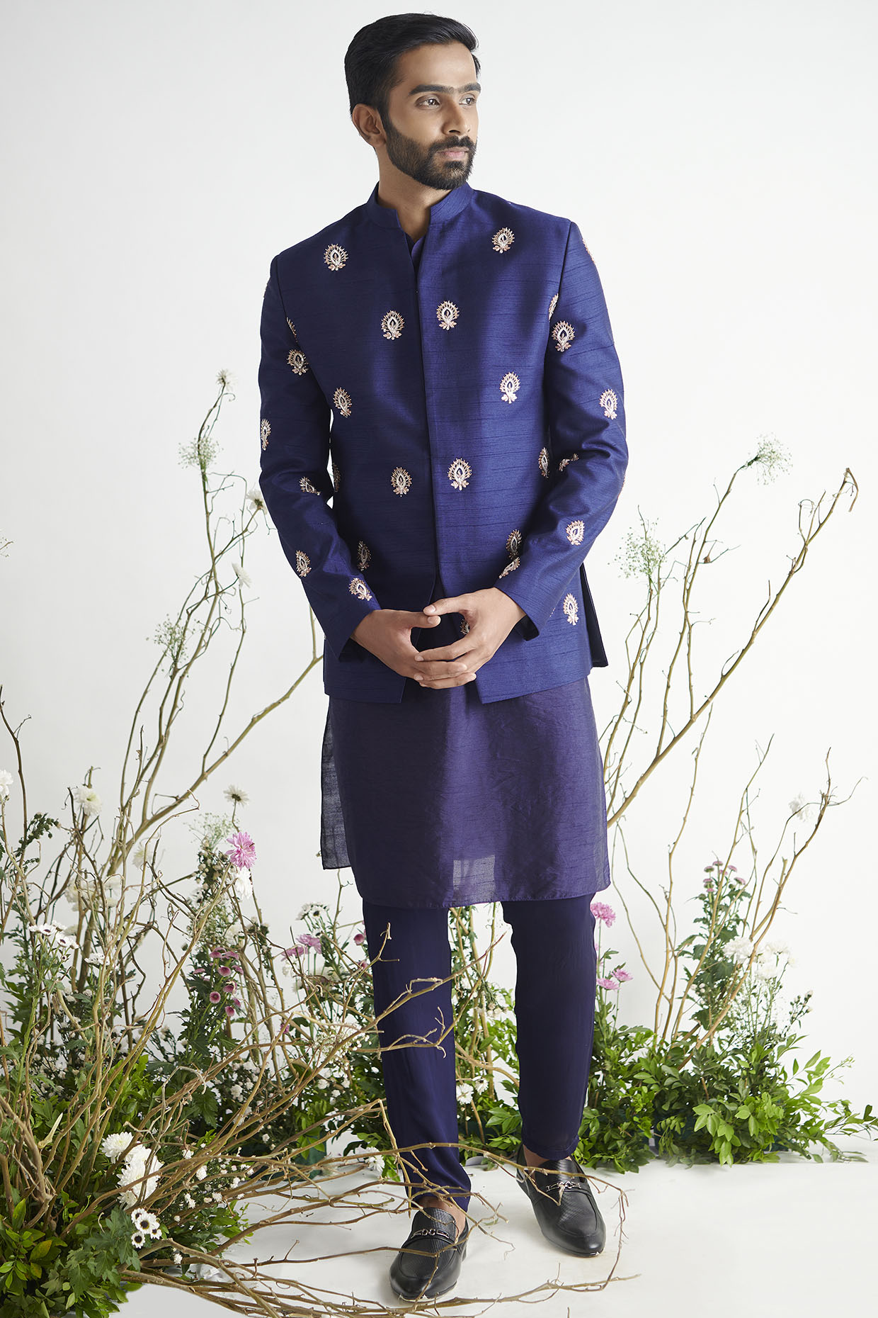 Navy Blue Embroidered Wedding Bandhgala Jacket Set by MASUMI MEWAWALLA MEN at Pernia's Pop Up Shop