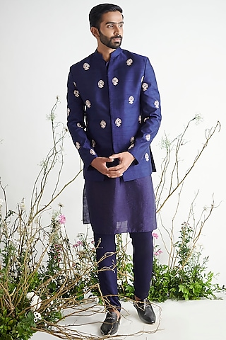 Navy Blue Silk Embroidered Bandhgala Set by MASUMI MEWAWALLA MEN