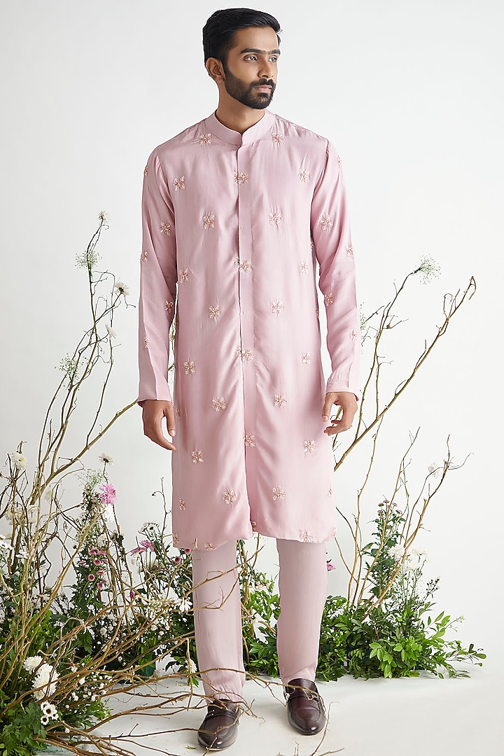 Dusted Pink Embroidered Kurta Set Design by Pink Peacock Couture Men at ...