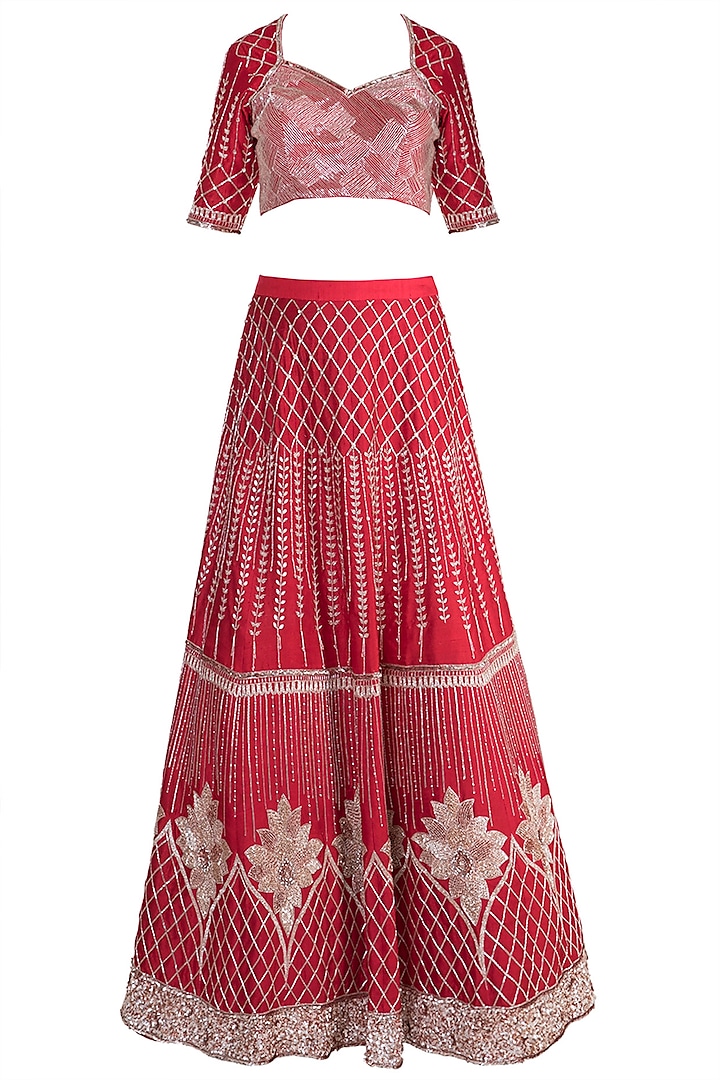 Red Embroidered Lehenga Set by Pink Peacock Couture