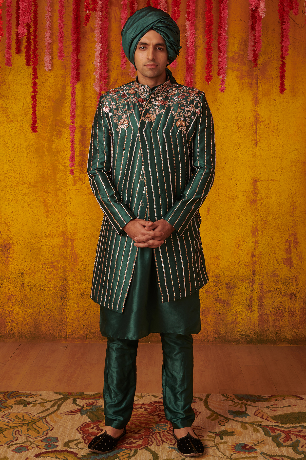 Pine Green Hand Embroidered Sherwani Set by MASUMI MEWAWALLA MEN