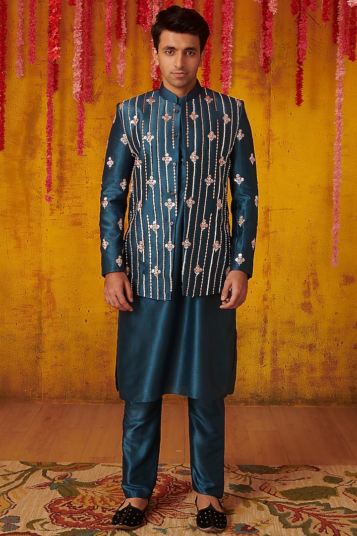 Teal Blue Embroidered Bandhgala Jacket Set by MASUMI MEWAWALLA MEN