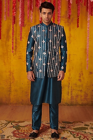 Teal Blue Silk Hand Embroidered Bandhgala Set by MASUMI MEWAWALLA MEN