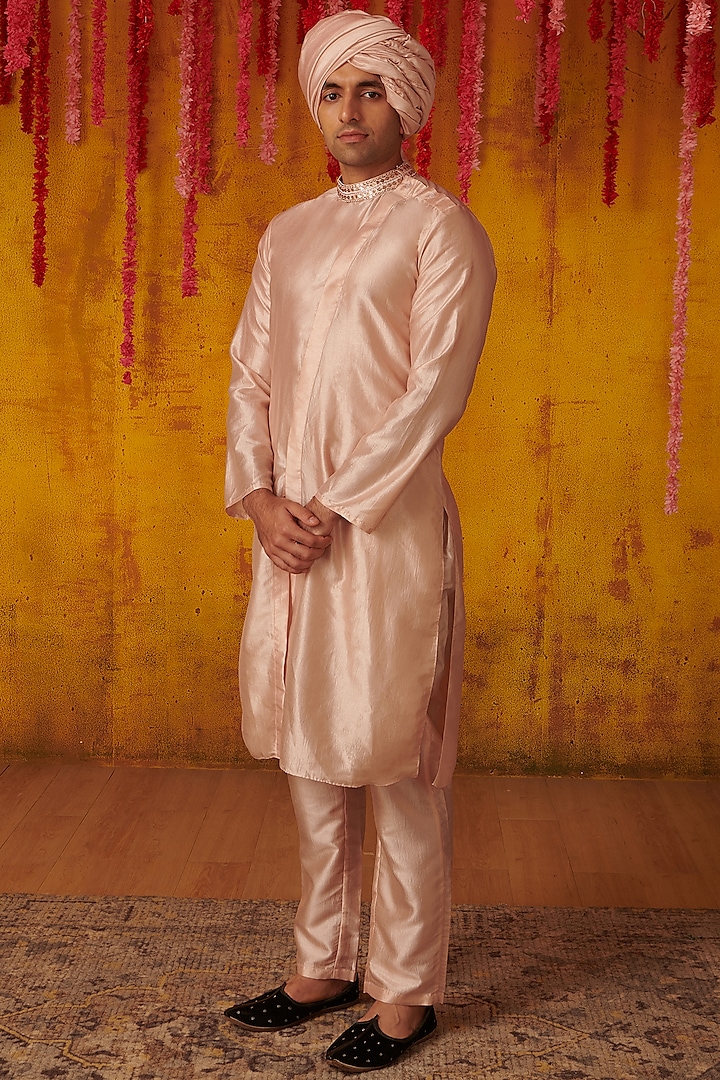 Blush Pink Embroidered Kurta Set by MASUMI MEWAWALLA MEN