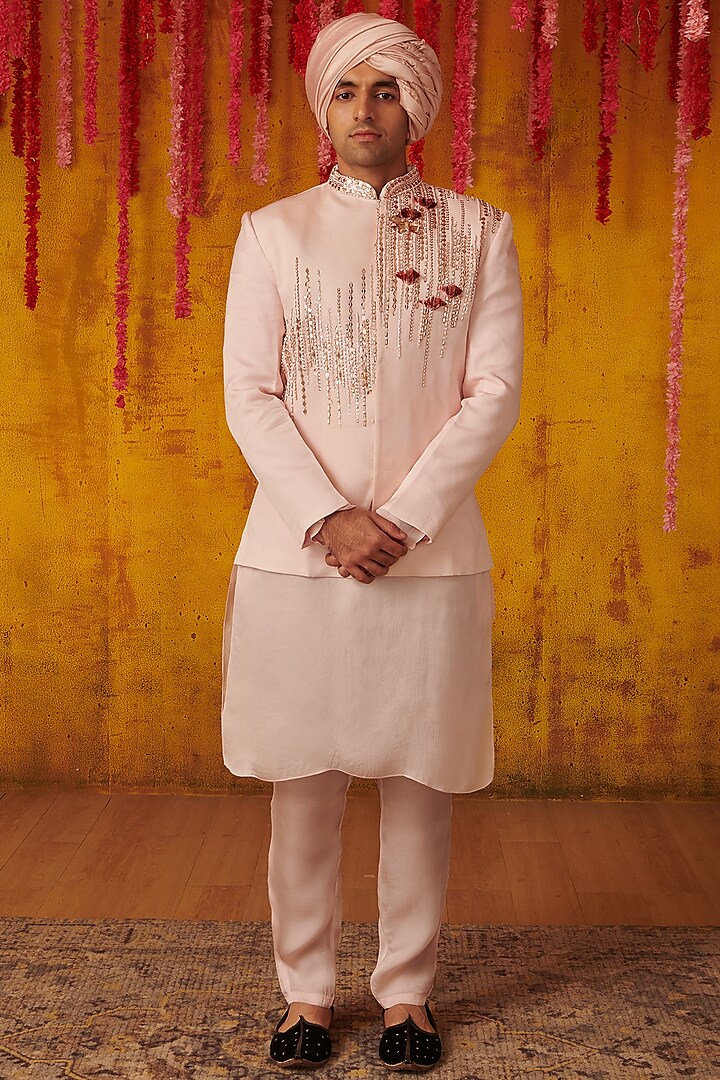 Blush Pink Kurta Set With Nehru Jacket by MASUMI MEWAWALLA MEN