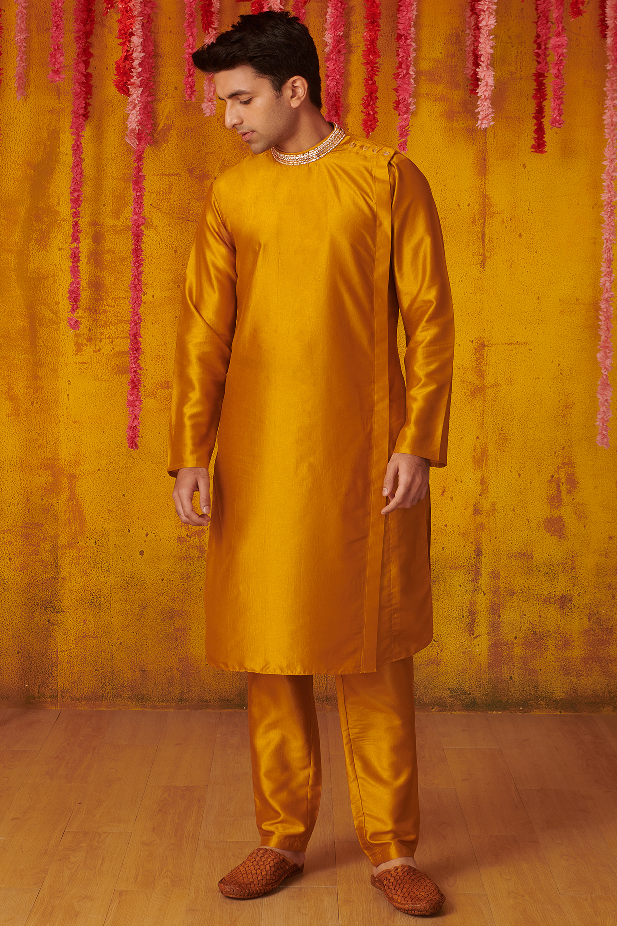 Mustard Embroidered Kurta Set by MASUMI MEWAWALLA MEN