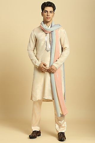 Peach Tissue Kurta Set by MASUMI MEWAWALLA MEN