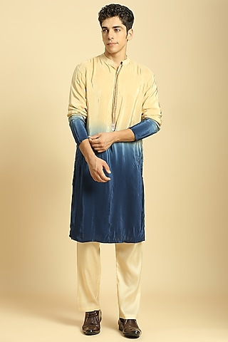 Beige & Blue Ombre Natural Crepe Hand Embroidered Kurta Set by MASUMI MEWAWALLA MEN