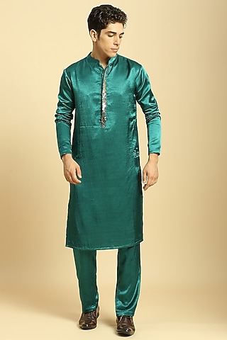 Teal Green Mashru Hand Embroidered Kurta Set by MASUMI MEWAWALLA MEN