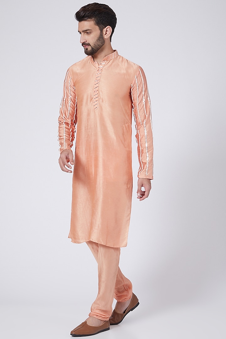 Peach Silk & Habutai Hand Embroidered Kurta Set by MASUMI MEWAWALLA MEN