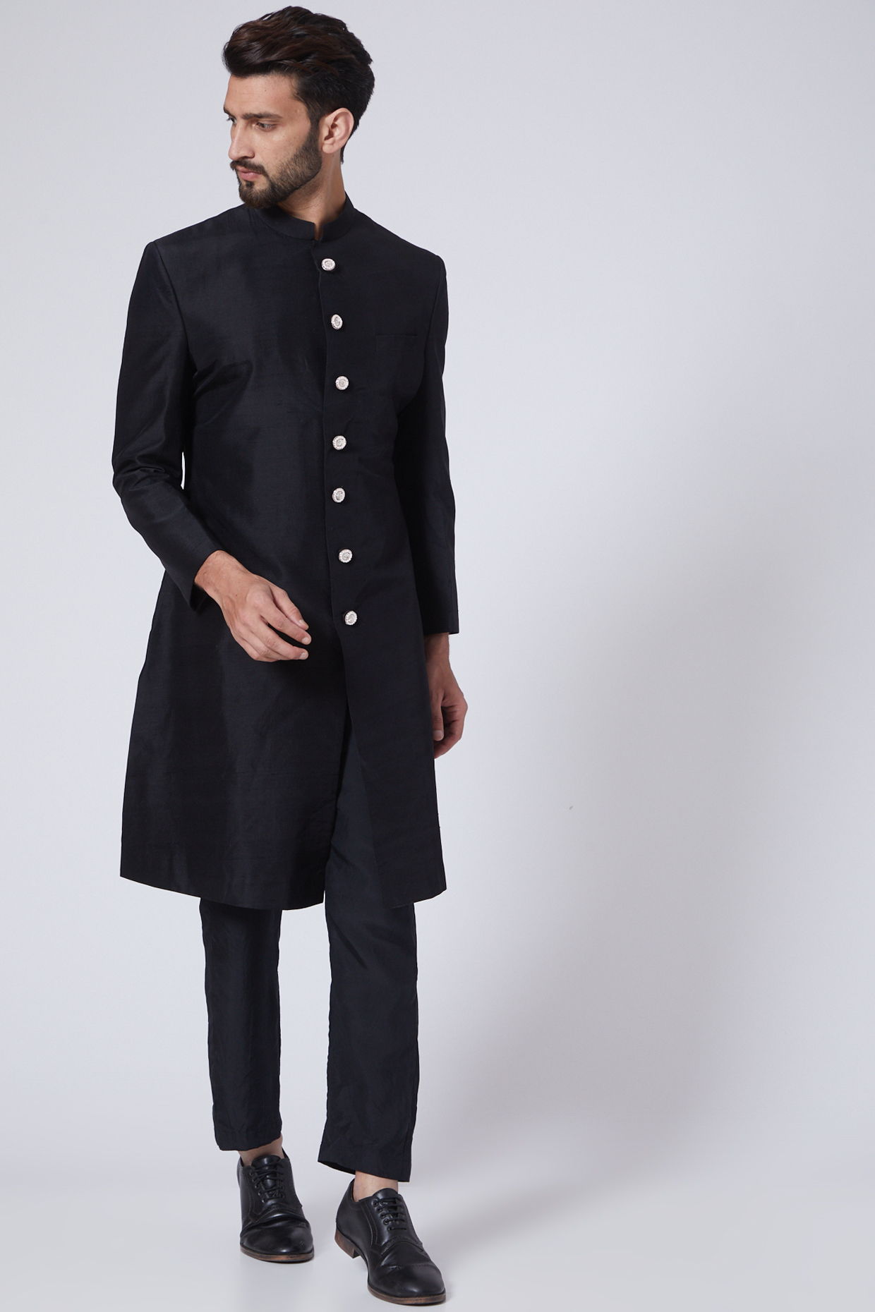 Black Embroidered Sherwani Set by MASUMI MEWAWALLA MEN
