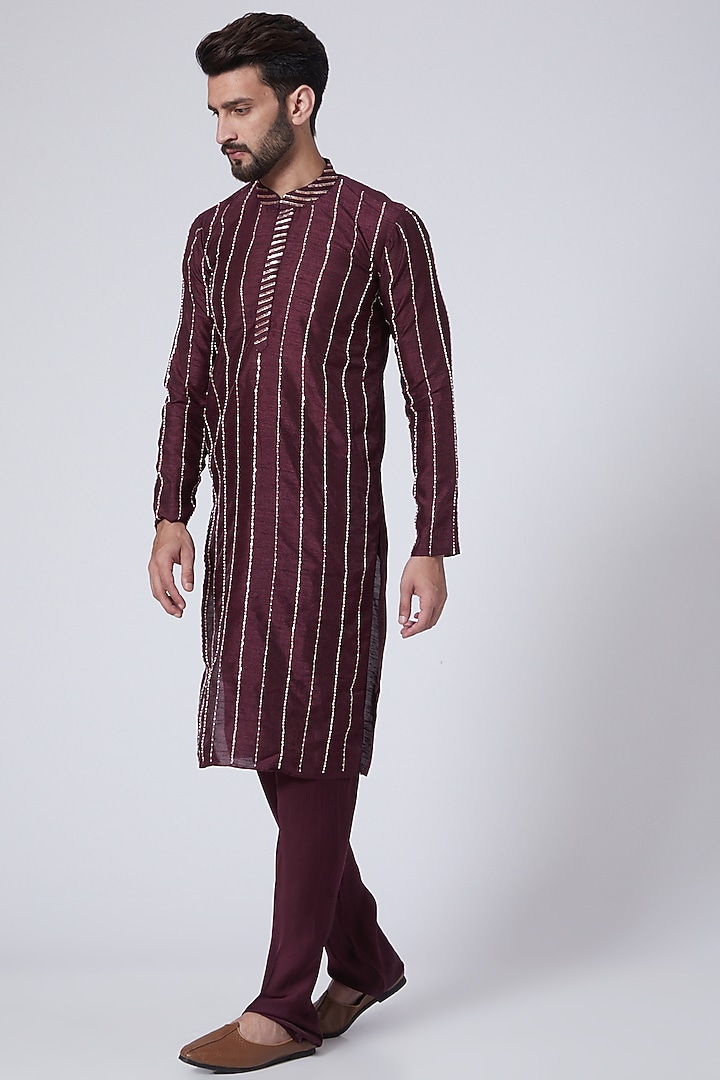 Wine Habutai & Silk Embroidered Kurta Set by MASUMI MEWAWALLA MEN at Pernia's Pop Up Shop