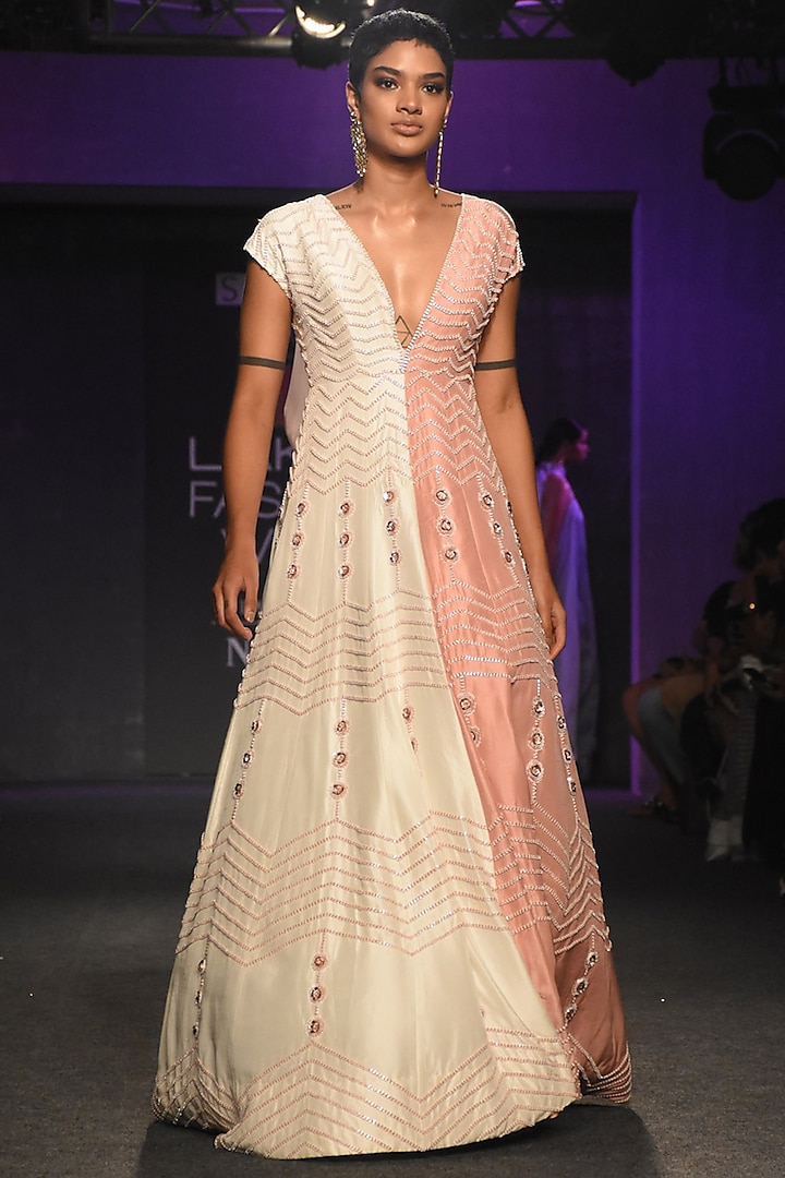 Pink & White Embroidered Gown by MASUMI MEWAWALLA