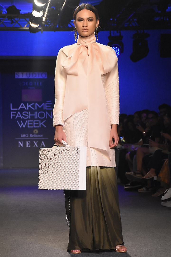 Cream Embroidered Jacket With Pleated Dhoti Pants by MASUMI MEWAWALLA