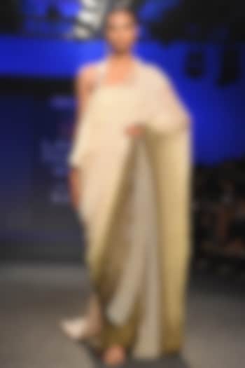 Cream To Olive Green Ombre Embroidered Wedding Saree Set by MASUMI MEWAWALLA at Pernia's Pop Up Shop