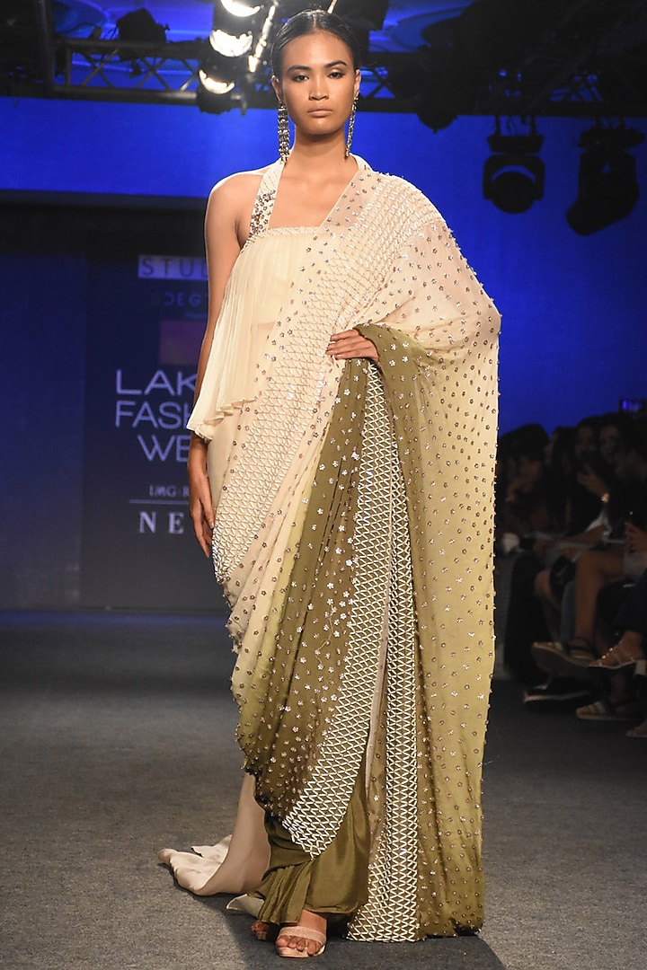 Cream To Olive Green Ombre Embroidered Wedding Saree Set by MASUMI MEWAWALLA at Pernia's Pop Up Shop